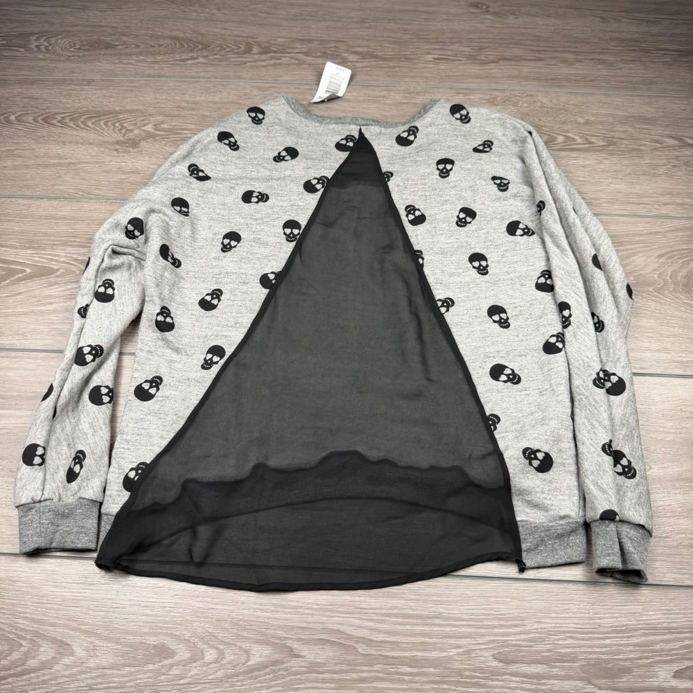 Hot Topic Womens Sweatshirt Skull Print Chiffon Inset Gray Large New - Picture 5 of 8
